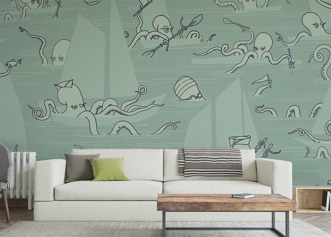 Octopus Flotilla Mural - Muted Blue-Green