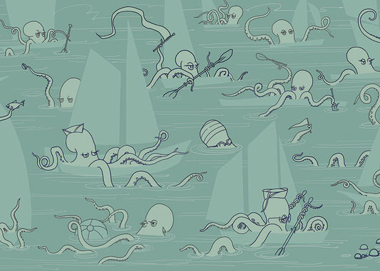 Octopus Flotilla Mural - Muted Blue-Green