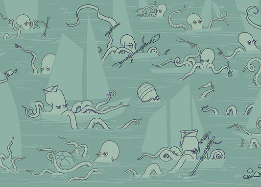 Octopus Flotilla Mural - Muted Blue-Green - Sample