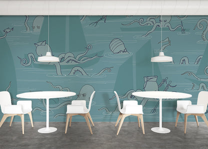 Octopus Flotilla Mural - Cerulean Blue