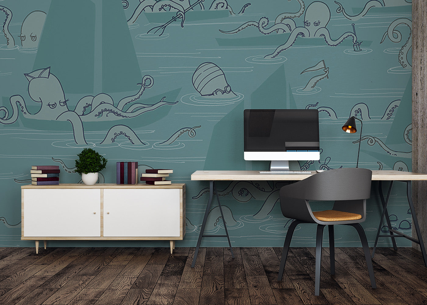 Octopus Flotilla Mural - Cerulean Blue