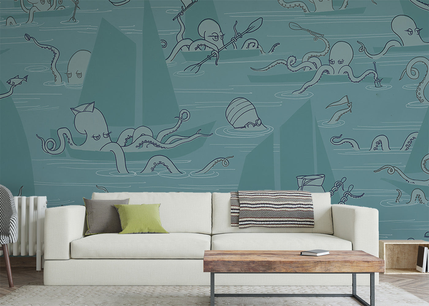 Octopus Flotilla Mural - Cerulean Blue