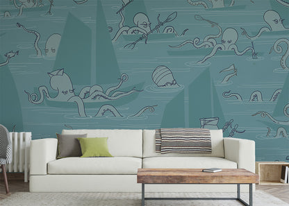 Octopus Flotilla Mural - Cerulean Blue